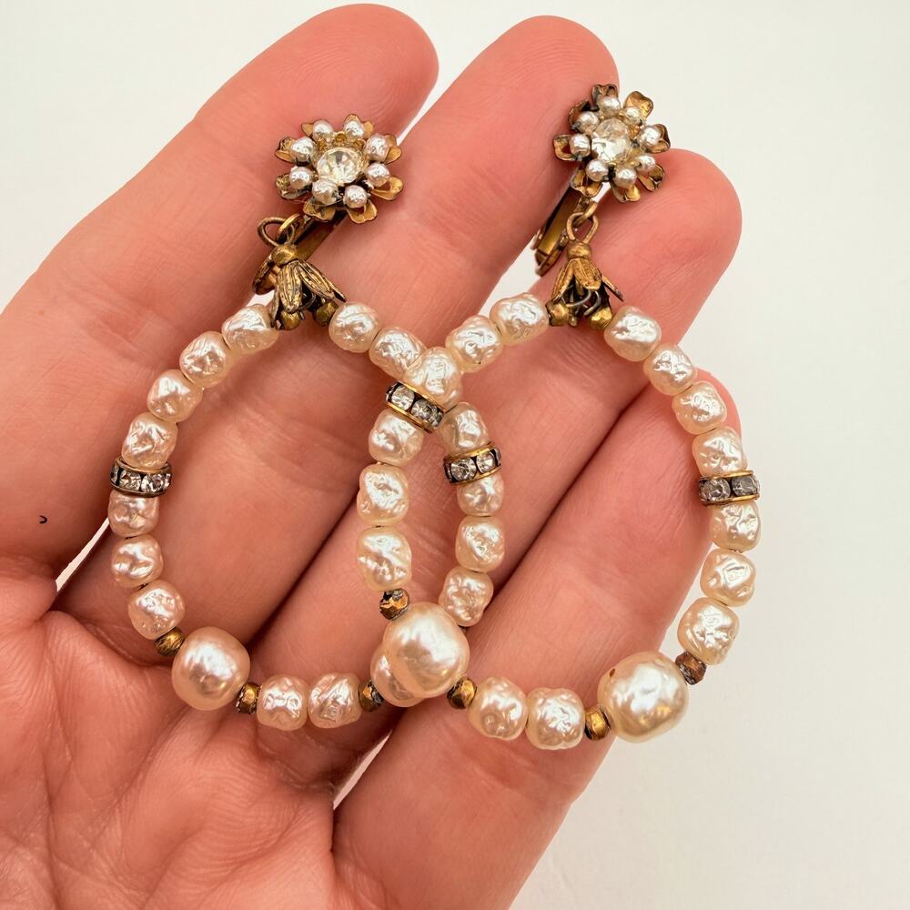 Vintage Miriam Haskell Baroque Faux Pearl Hoop Floral Crystal Clip Earrings